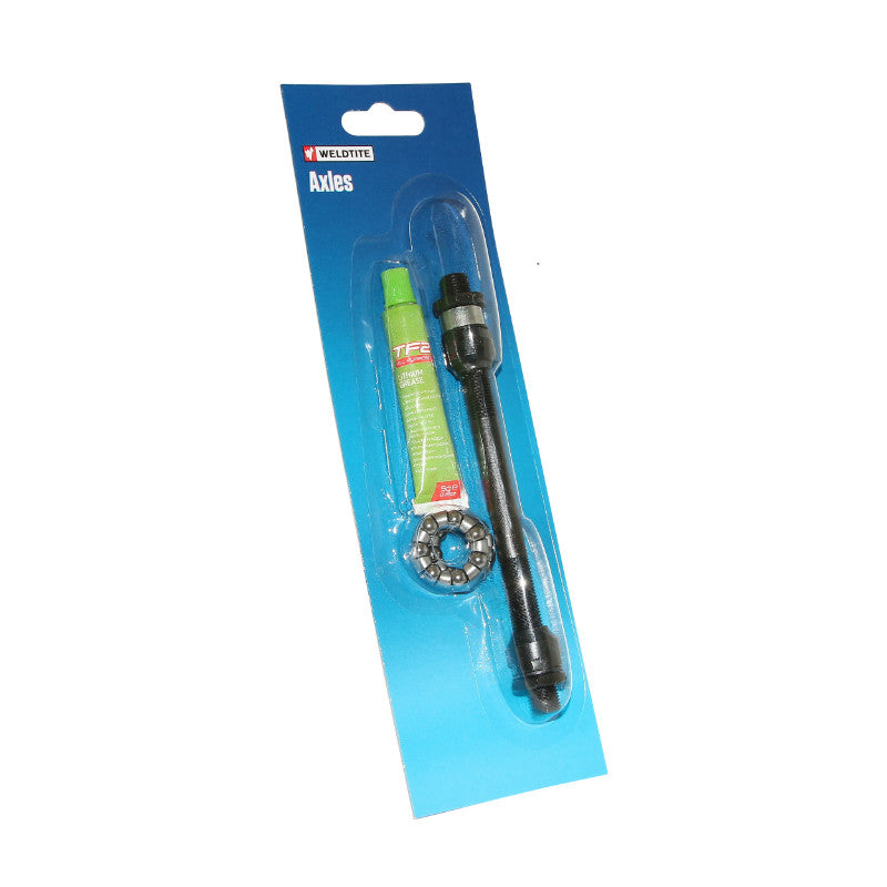 Axe de roue moyeu VTT arrière creux Weldtite Ø 10 x 145 mm avec graisse et cage à billes