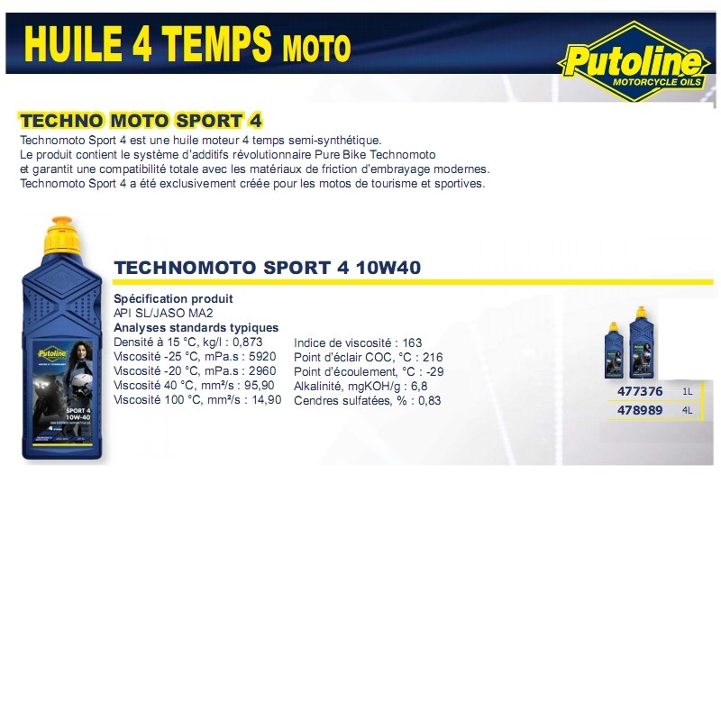 Huile moteur 4T sport 4R 10W40 semi-synthétique 1L Putoline 74384