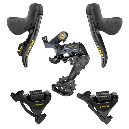 Groupe - transmission gravel Ltwoo 1X12V. GRT series disque hydraulique carbone noir - or (derailleur arriere - leviers - manettes avec etriers avant et arriere) (vendu en boite) -huile minerale