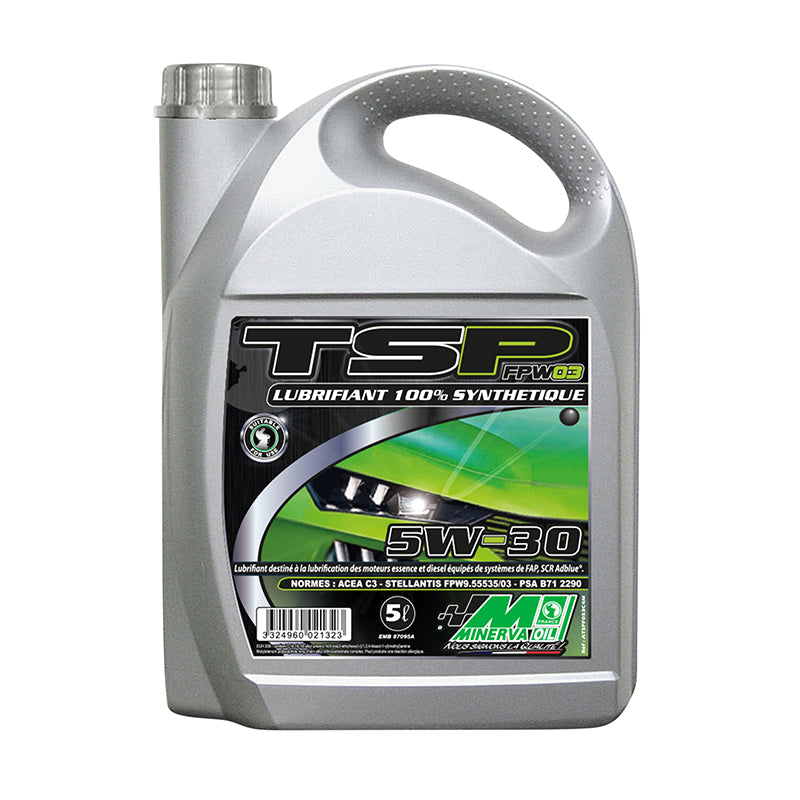 Huile moteur 4 temps minerva auto synthese TSP FPW03 5W30 (100% synthese pour moteurs fap diesel et essence (1.2 puretech) ( 5L) (acea C3 - stellantis FPW9.55535-03)