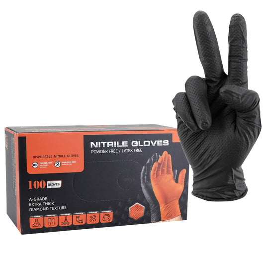 Gants d'atelier nitrile P2R diamond texture écailles de poisson résistant aux produits chimiques aux huiles à l'essence noir homologué CE T7 boîte de 100