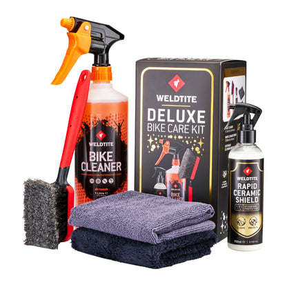 Kit de nettoyage vélo luxe Weldtite - Nettoyant spray 1L, bouclier céramique 250ml, brosses et lingettes