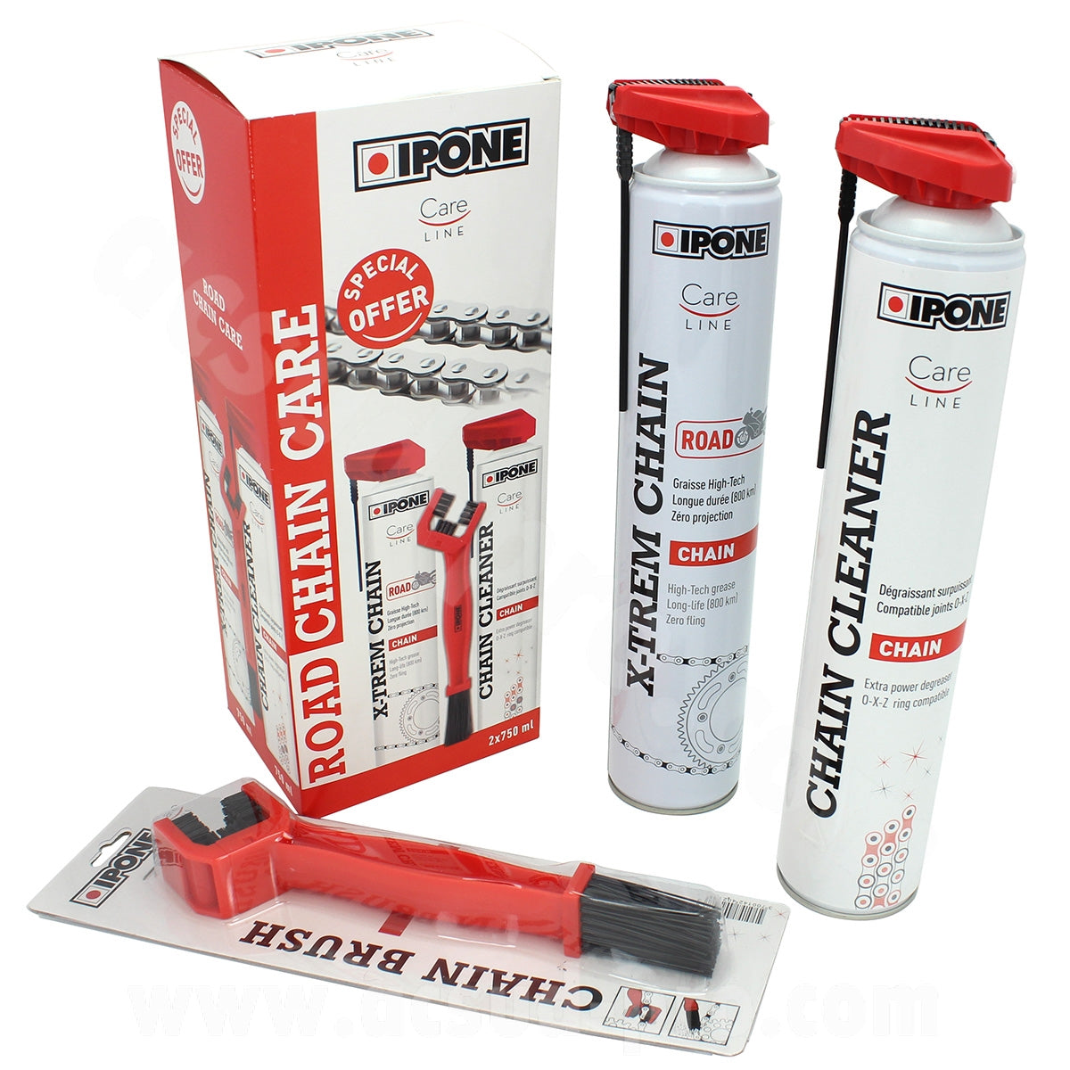 Graisse chaîne Ipone X-Trem Chain Road 750 ml aérosol + spray nettoyant chaîne 750 ml + brosse chaîne