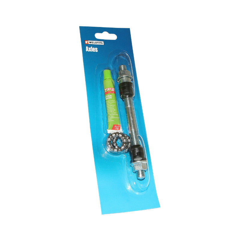 Axe de roue VTT avant Weldtite 10 x 145 mm chrome avec graisse et cage à billes