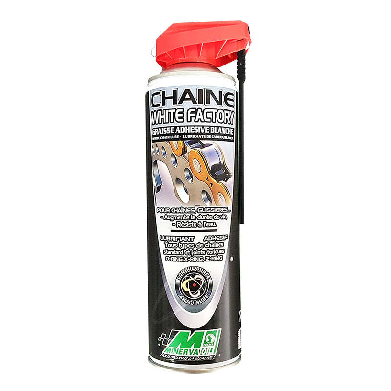 Graisse chaîne MINERVA OIL White Factory adhésive blanc spray 500 ml