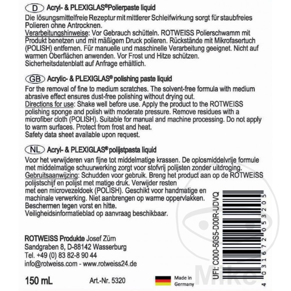 Pâte à polir acrylique et plexiglas Rotweiss 150 ml rouge blanc