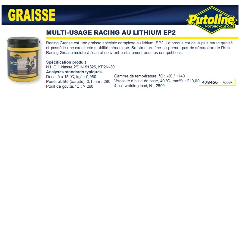 Graisse pour roulements à billes Putoline course lithium 600g 73610
