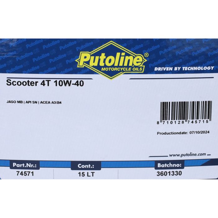 Huile moteur Putoline 10W40 demi-synthèse 15L