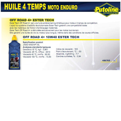 Huile moteur 4T Putoline Ester Tech Off Road 4+ 10W40 synthétique 1L
