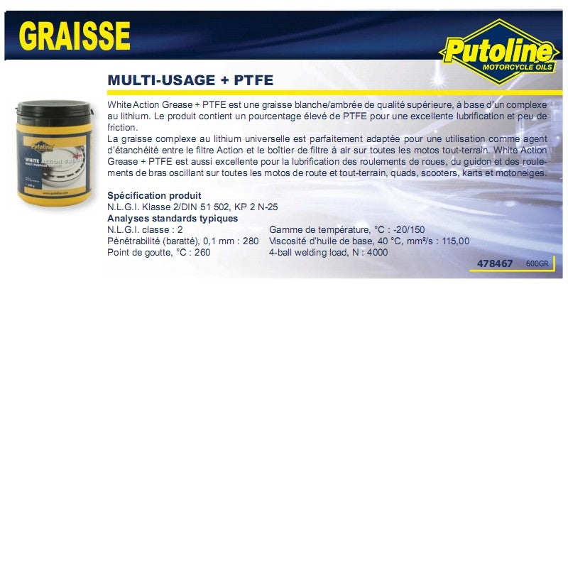 Graisse blanche Putoline PTFE Pot de 600g 73611