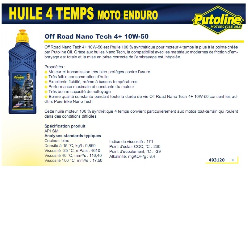 Huile moteur 4T Putoline N-Tech Pro R+ Off Road 10W50 100% synthèse 1L