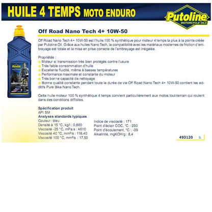 Huile moteur 4T Putoline N-Tech Pro R+ Off Road 10W50 100% synthèse 1L