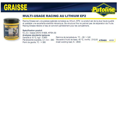 Graisse racing multi usage au lithium EP2 (600GRS) Putoline 73610
