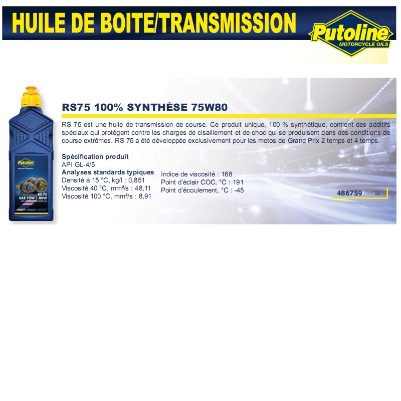 Huile de transmission Putoline RS75 100% synthèse 1L