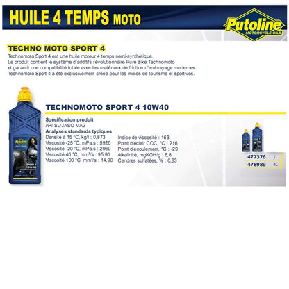 Huile moteur 4T sport 4R 10W40 semi-synthétique 4L Putoline 74385