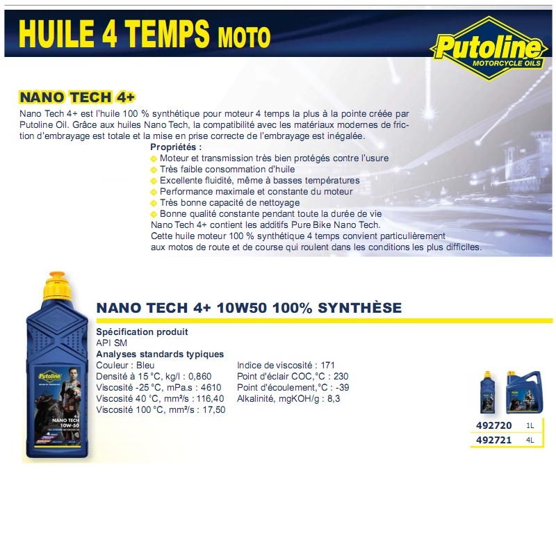 Huile moteur 4T Putoline N-Tech Pro R+ 10W50 synthèse 1L