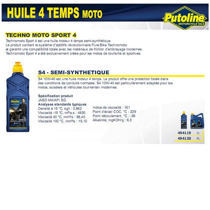Huile moteur 4T Putoline S4 10W40 minérale 4L