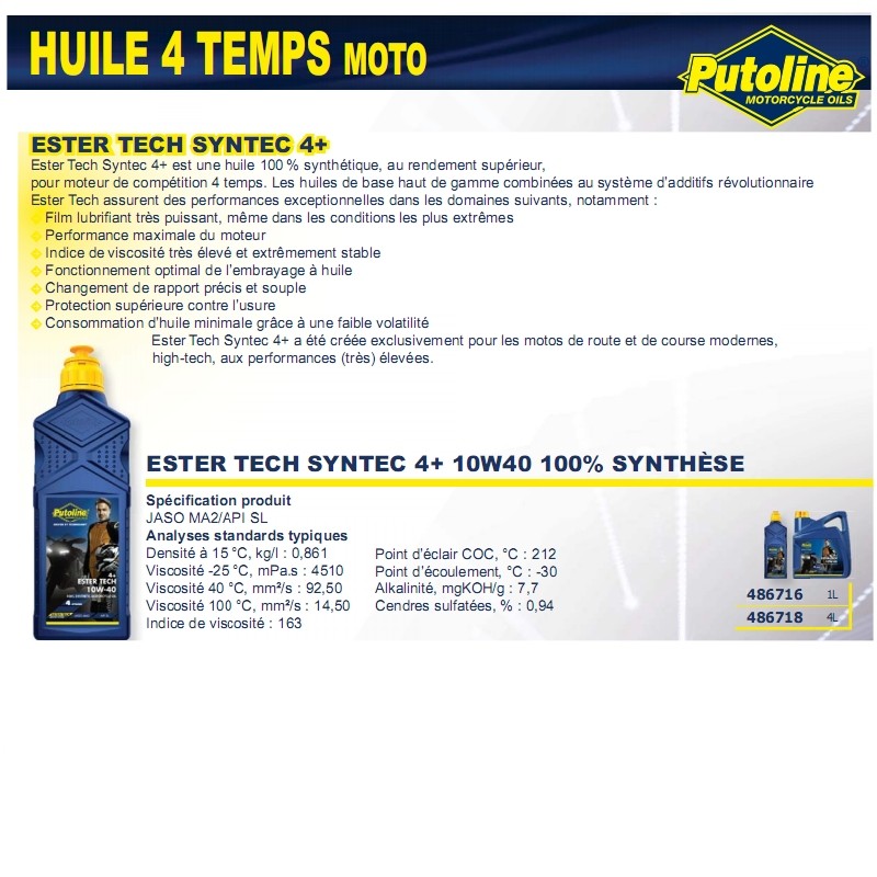 Huile moteur 4T Ester Tech 4+ 10W40 synthèse Putoline 4L