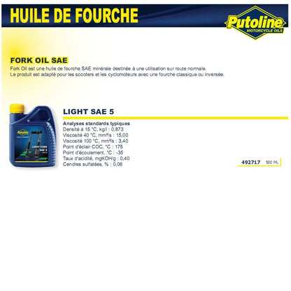 Huile de fourche avant Putoline SAE 5W Light 500 ml 74050