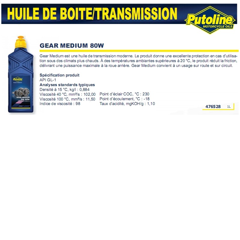 Huile de boîte Putoline Medium Gear 80W 1L
