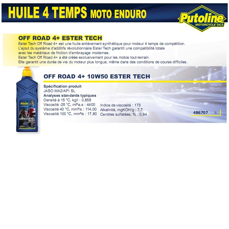 Huile moteur 4T Ester Tech Off Road 4+ 10W50 synthèse 1L Putoline 70636