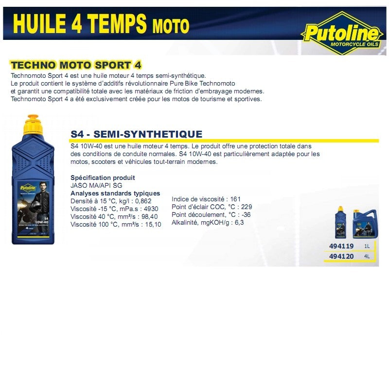 Huile moteur 4 temps 10W-40 minérale Putoline S4 1L