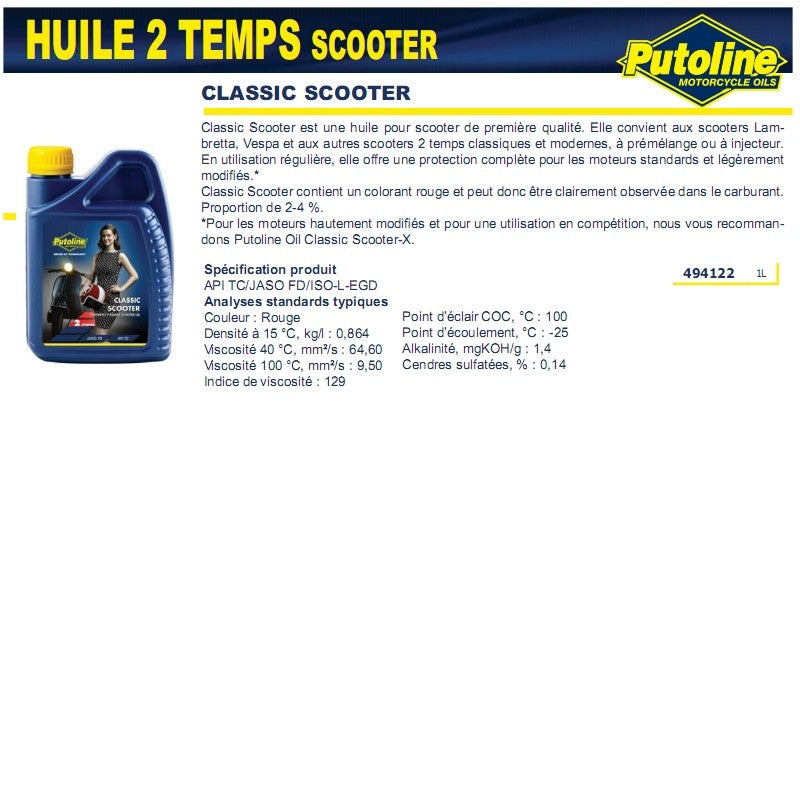 Huile moteur 2T classique synthétique Vespa/Lambretta Putoline 74100 (1L)