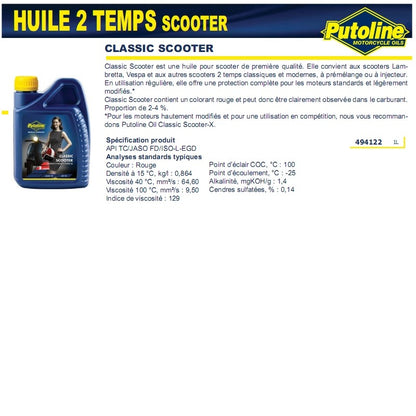 Huile moteur 2T classique synthétique Vespa/Lambretta Putoline 74100 (1L)