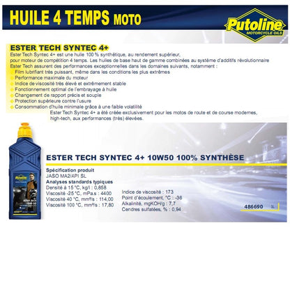 Huile moteur 4T Ester Tech 4+ 10W50 100% synthèse 1L Putoline