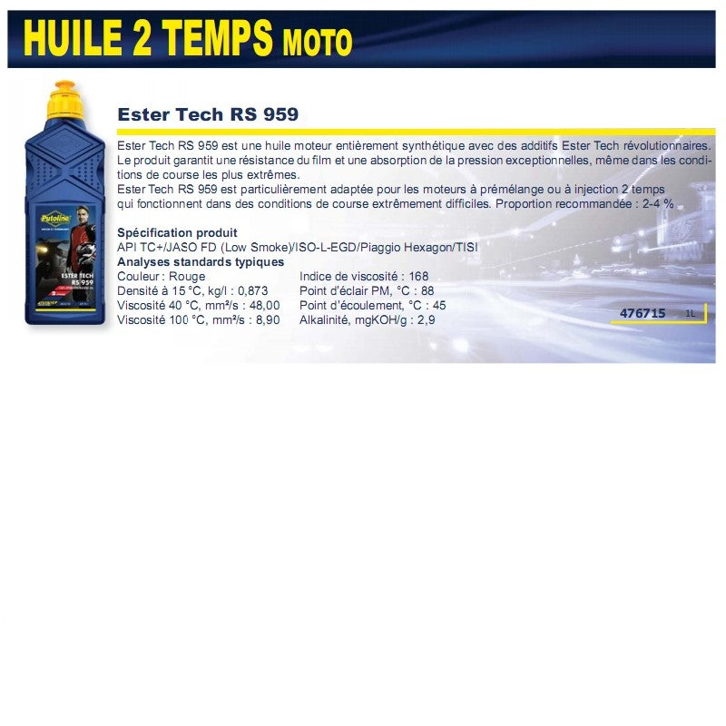 Huile 2 temps Putoline synthétiseur complet technologie ester RS 959 1L